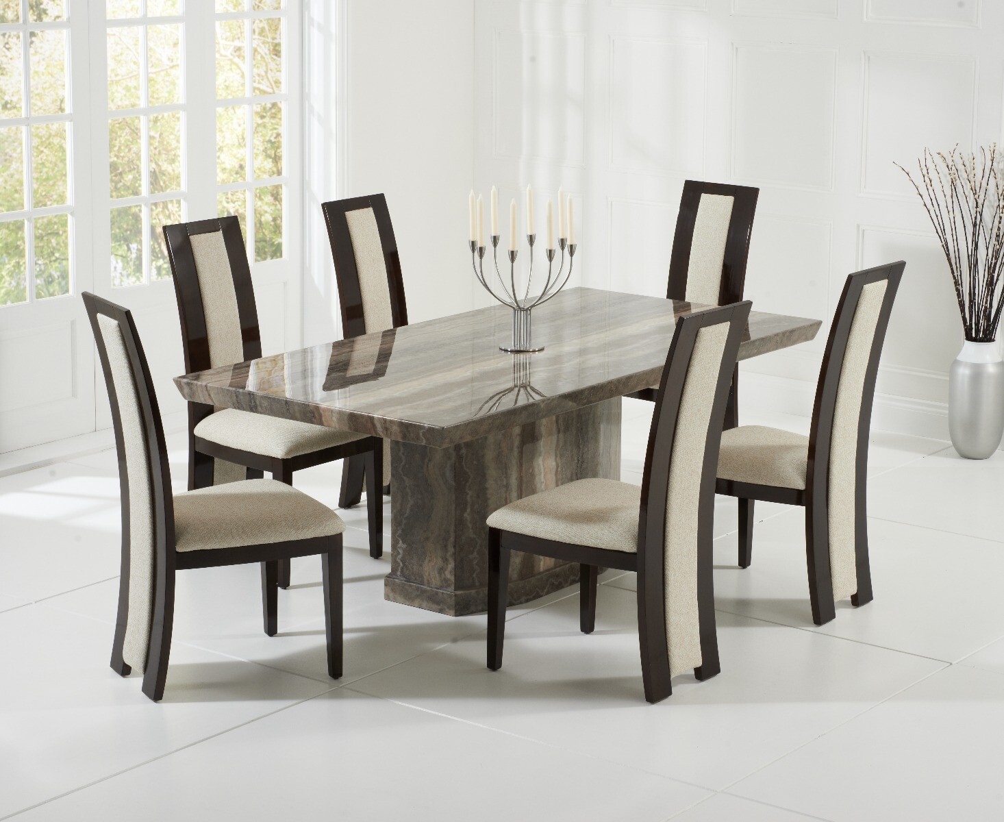 Carvelle 160cm Brown Pedestal Marble Dining Table With 4 Brown Novara Chairs