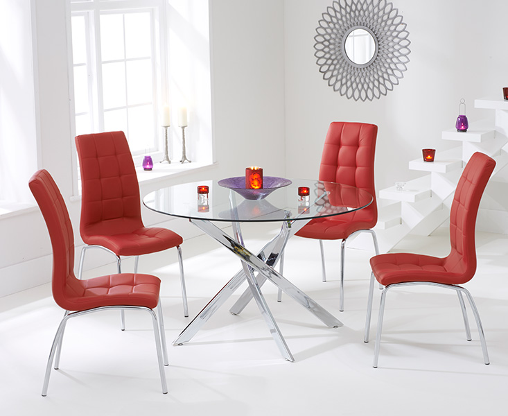 Bernini 110cm Glass Dining Table With 2 Red Enzo Chairs