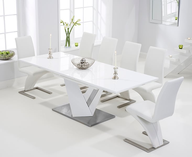 Extending Santino 160cm White High Gloss Dining Table with 10 White Aldo Chairs