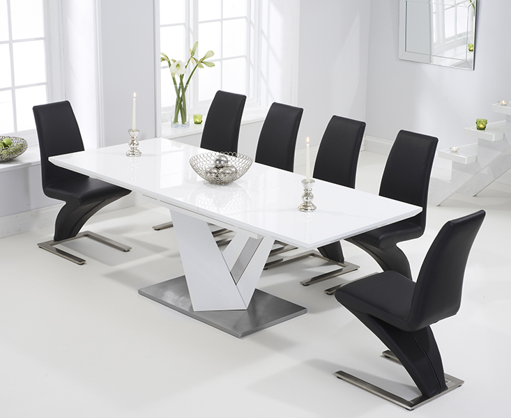 Extending Santino 160cm White High Gloss Dining Table With 10 Black Aldo Chairs