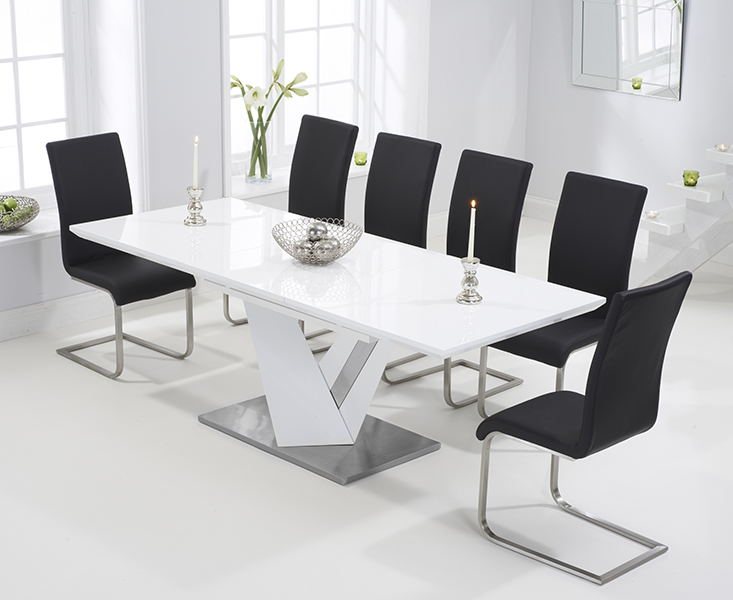 Extending Santino 160cm White High Gloss Dining Table with 6 Grey Austin Chairs