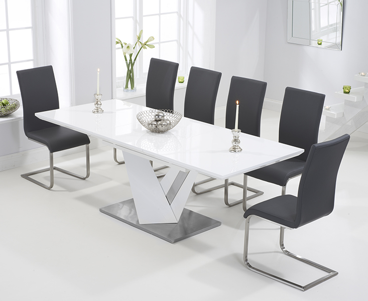 Extending Santino 160cm White High Gloss Dining Table With 10 Black Austin Chairs