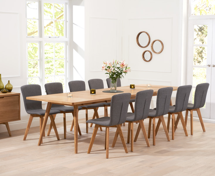 Extending Ruben 200cm Retro Oak Dining Table With 12 Grey Ruben Chairs