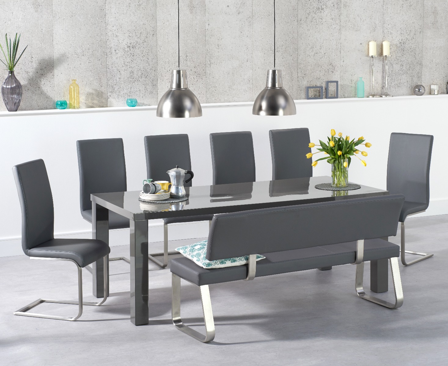 Seattle 200cm Dark Grey High Gloss Dining Table With 6 Grey Austin Chairs With 2 Grey Benches