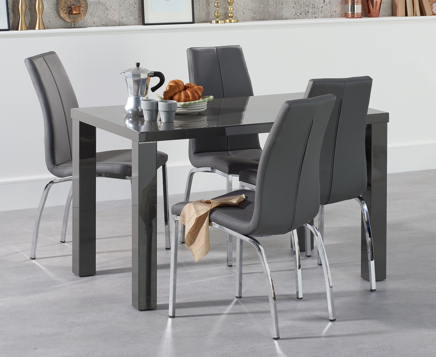 Seattle 120cm Dark Grey High Gloss Dining Table With 6 Black Marco Chairs