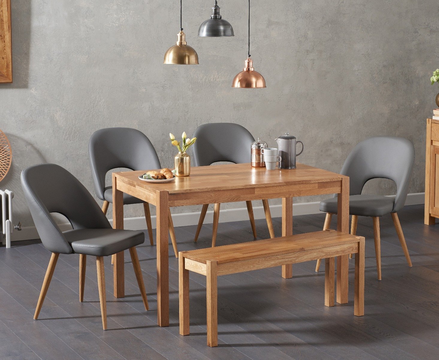 York 150cm Solid Oak Dining Table with 2 Grey Hudson Chairs with 1 Oak Bench from Oak Furniture Superstore