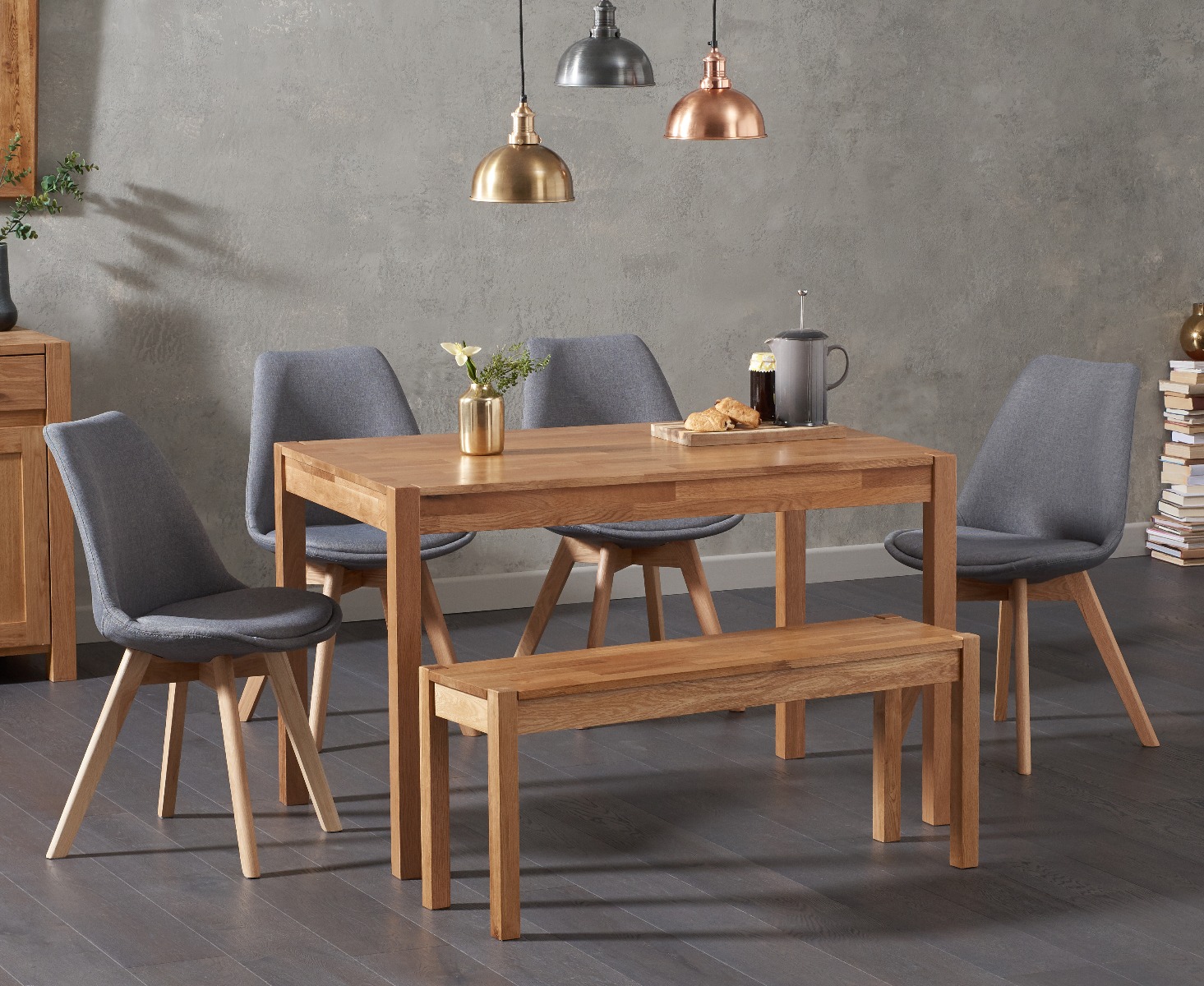 York 150cm Solid Oak Dining Table with 2 Dark Grey Orson Chairs with 1 Oak Bench from Oak Furniture Superstore