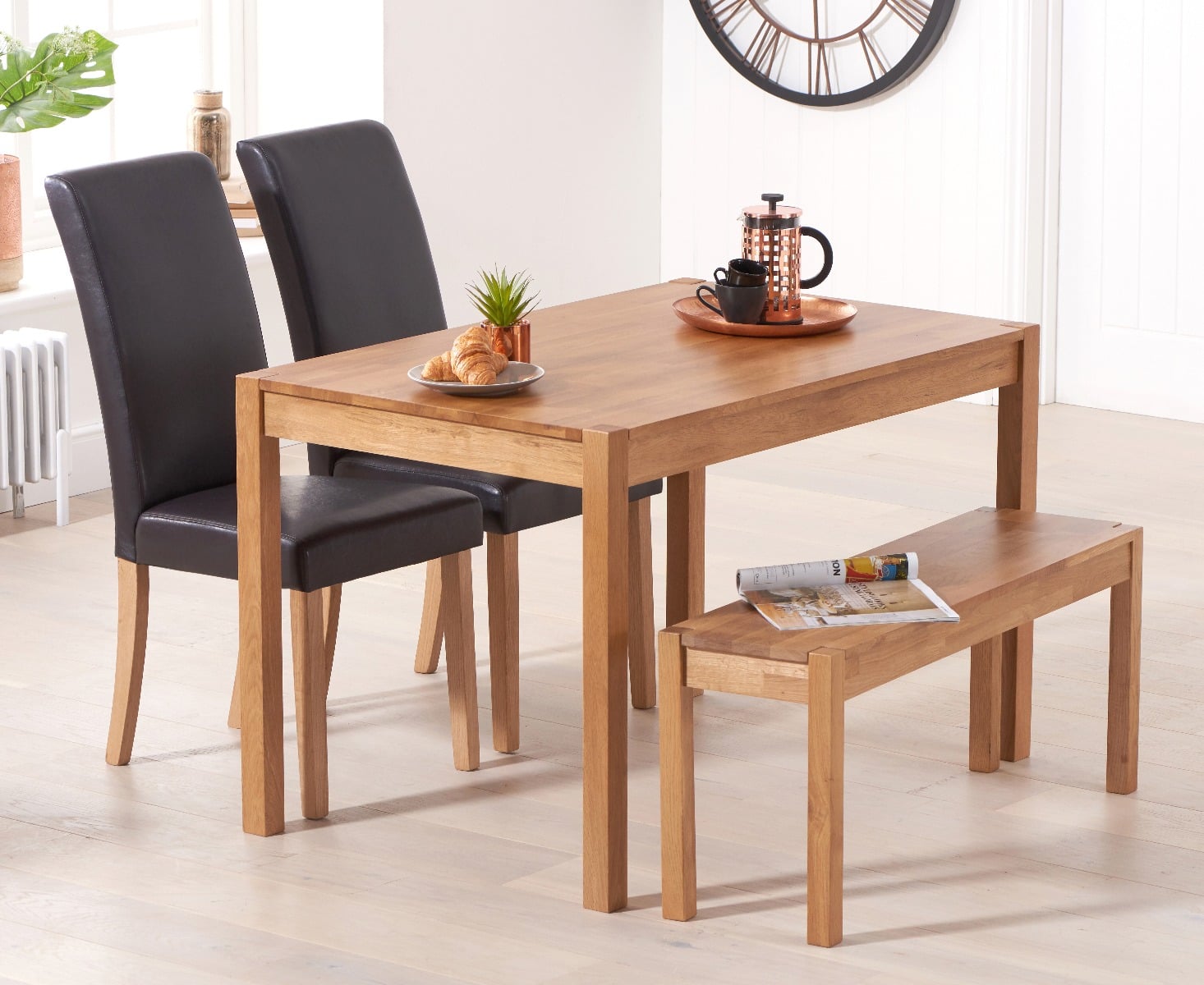 York 120cm Solid Oak Dining Table With 2 Cream Olivia Chairs With 1 Oak Bench