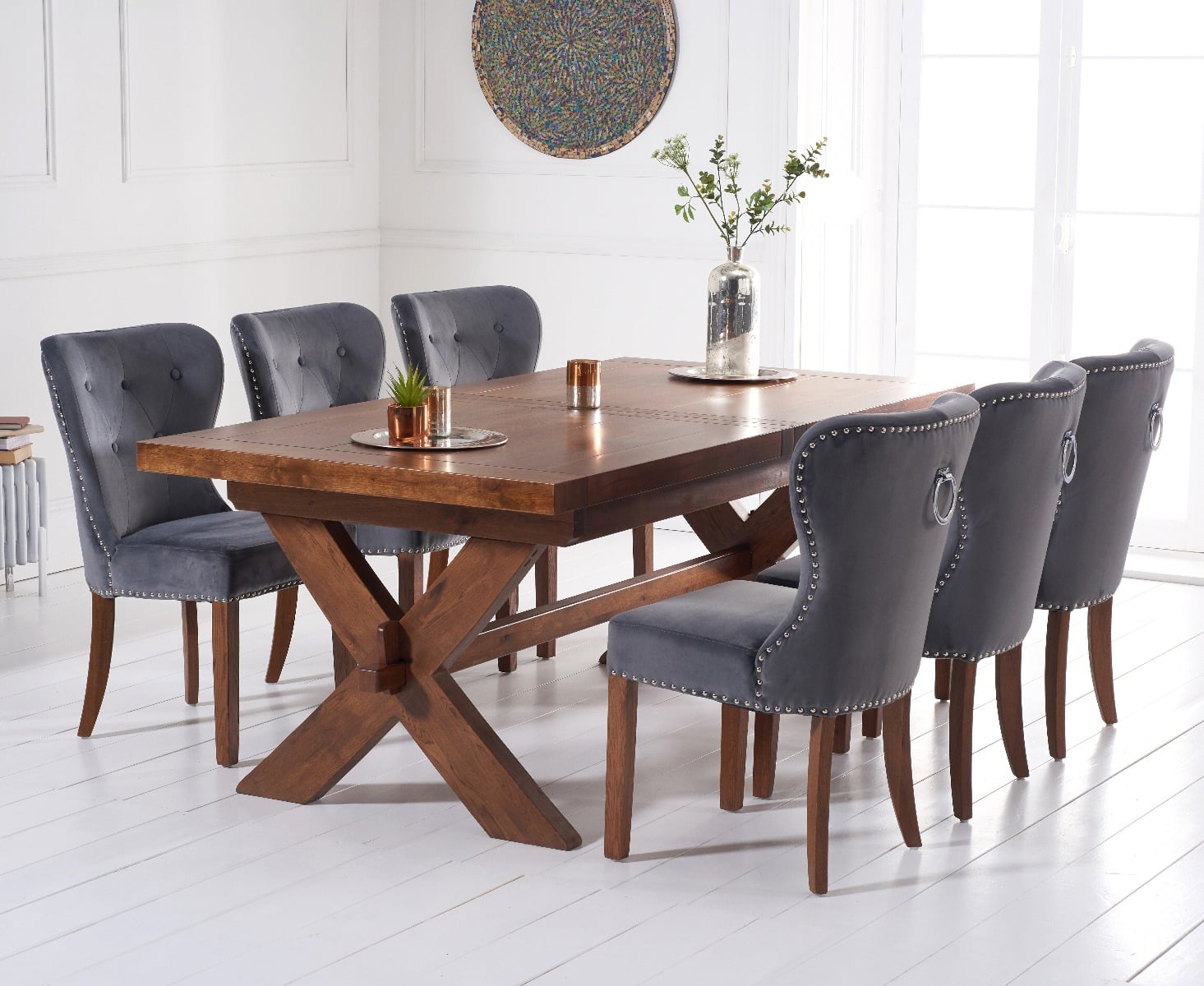 Extending Buckley 200cm Dark Oak Dining Table With 8 Grey Keswick Chairs