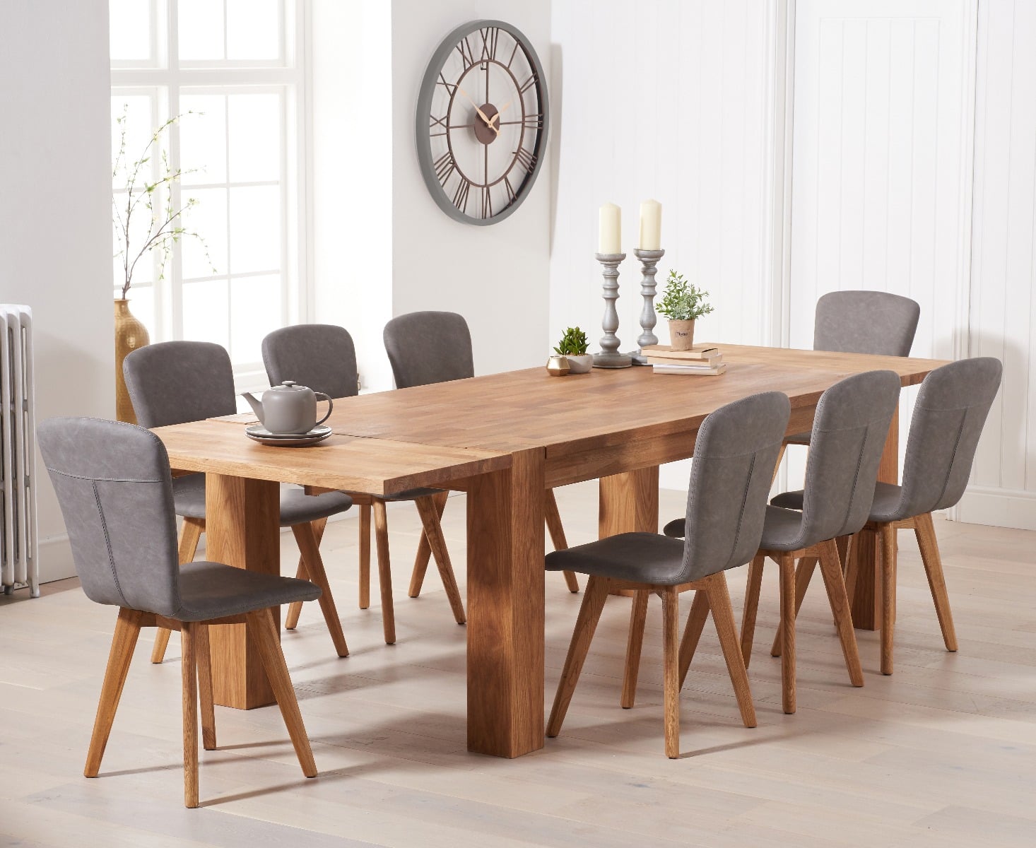 Sheringham 200cm Solid Oak Dining Table With 6 Grey Ruben Chairs With Sheringham Oak Extensions Pair