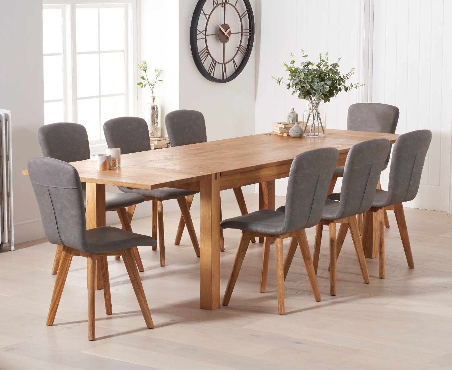 Thetford 180cm Oak Dining Table With 6 Grey Ruben Chairs With Thetford 45cm Oak Extensions