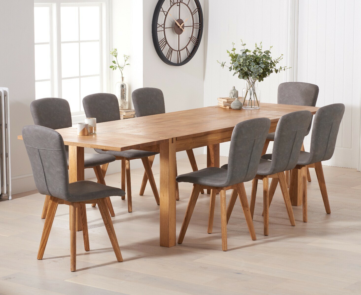 Thetford 150cm Oak Dining Table With Thetford 45cm Oak Extensions With 8 Grey Ruben Chairs
