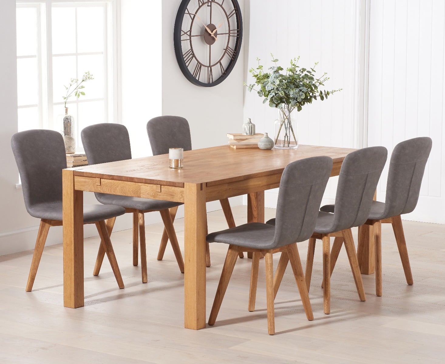Thetford 150cm Oak Dining Table With 6 Grey Ruben Chairs