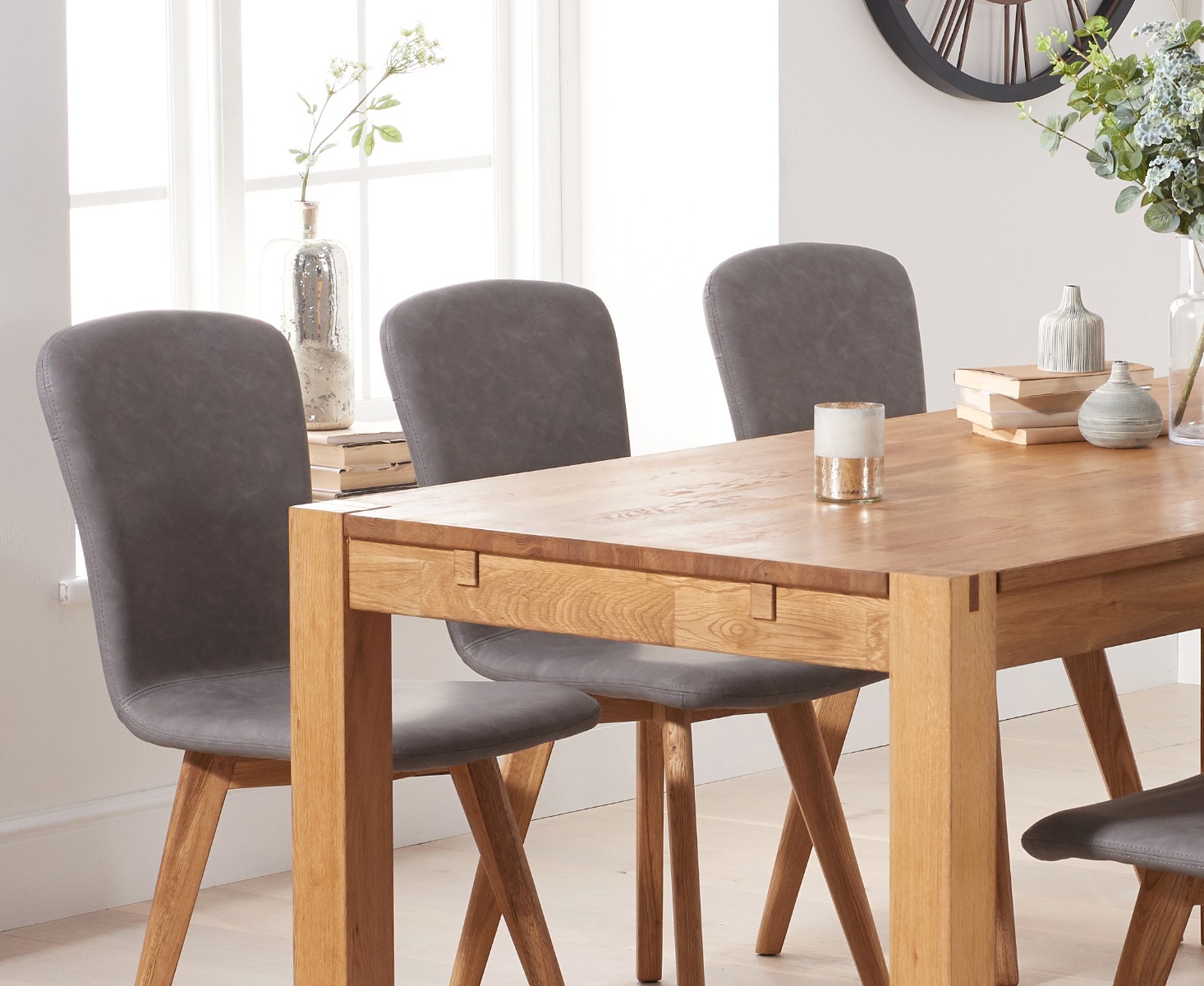 Thetford 150cm Oak Dining Table with 4 Grey Ruben Chairs