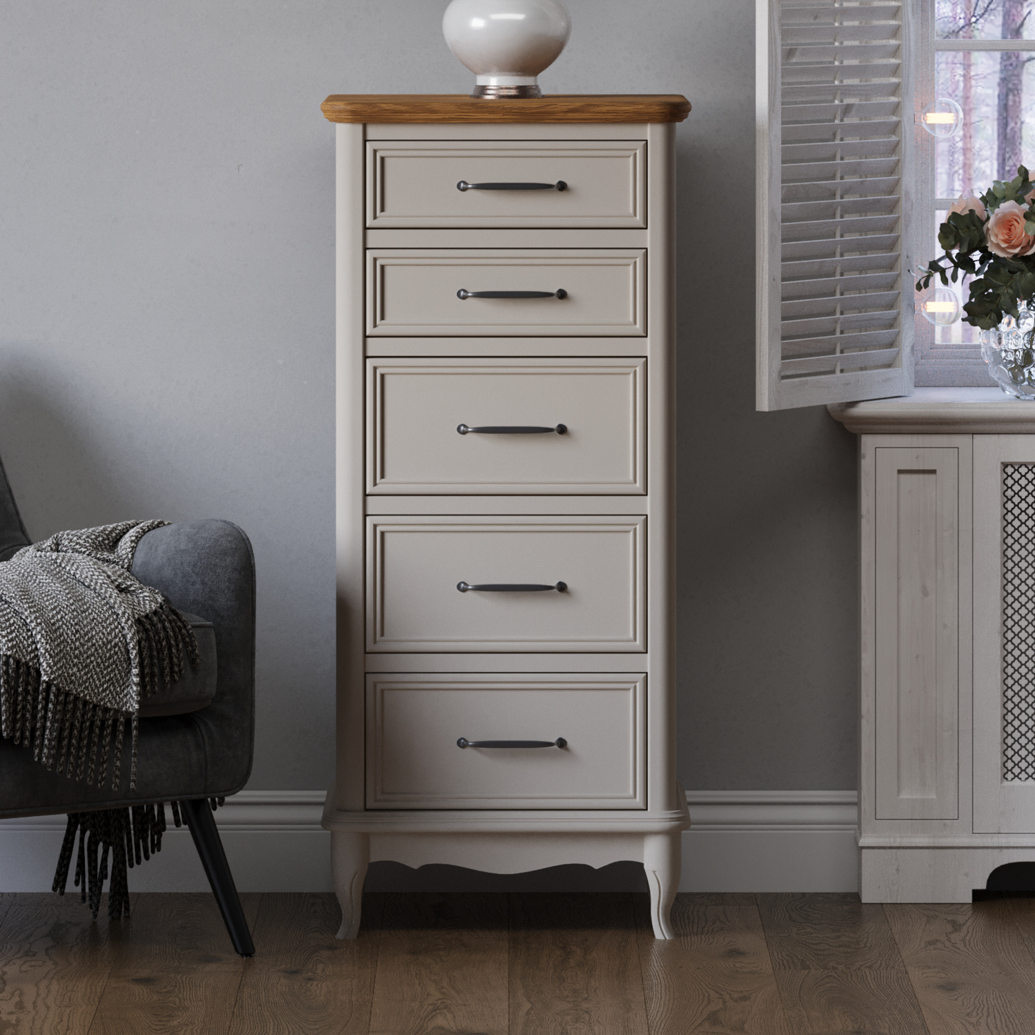 Chateau Oak And Soft White Painted 5 Drawer Tallboy