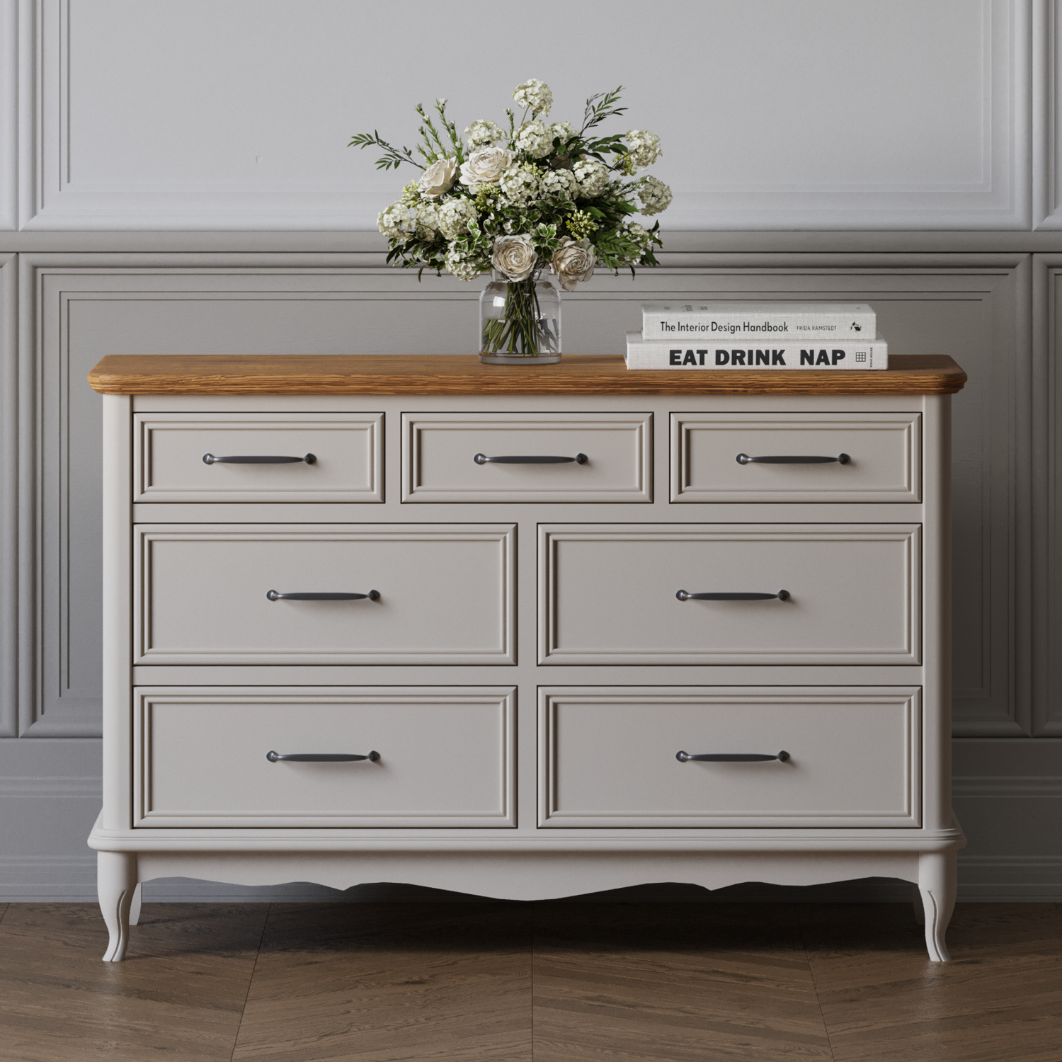 Chateau Oak And Soft White Painted Wide Chest Of Drawers