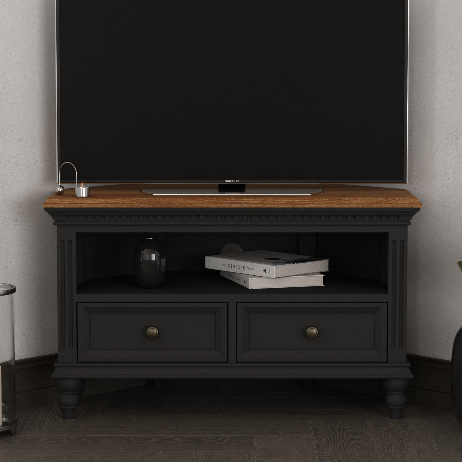 Francis Oak and Charcoal Grey Painted Corner TV Cabinet
