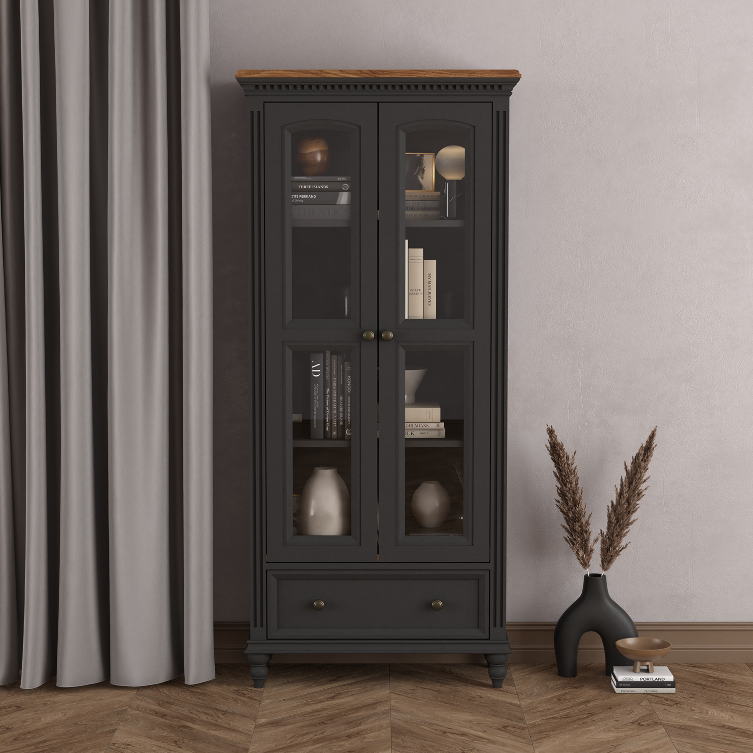 Francis Oak and Charcoal Grey Painted Glazed Display Cabinet