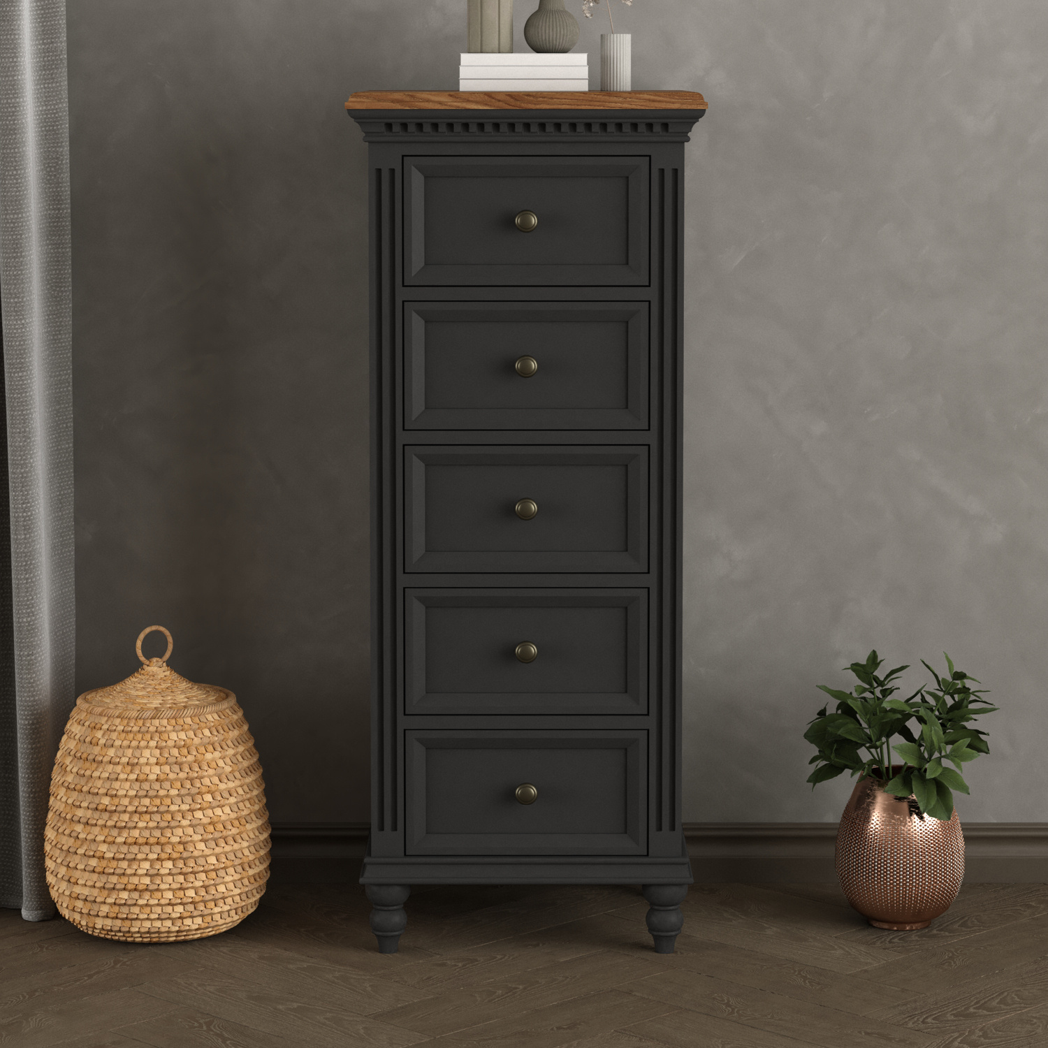 Francis Oak And Charcoal Grey Painted 5 Drawer Tallboy