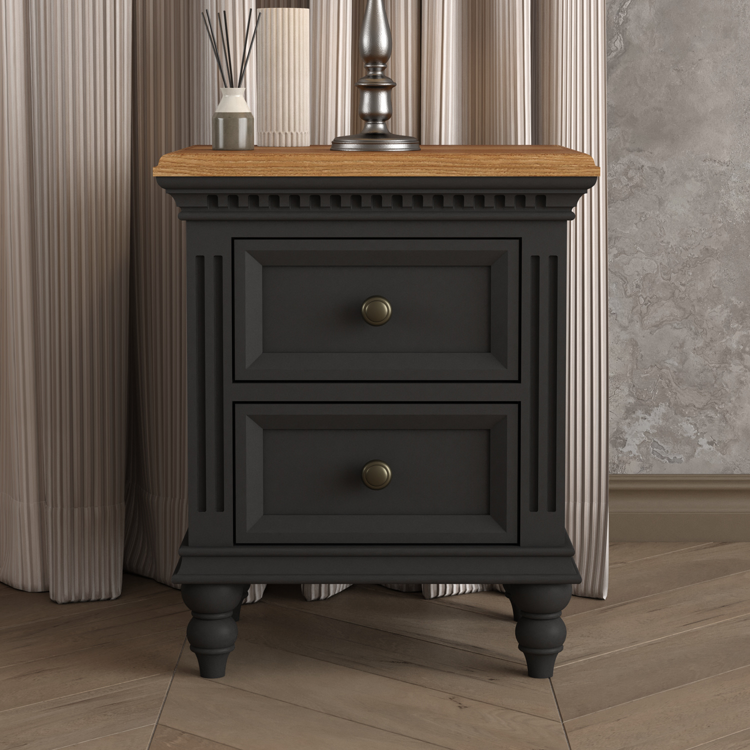 Francis Oak and Charcoal Grey Painted 2 Drawer Bedside Chest