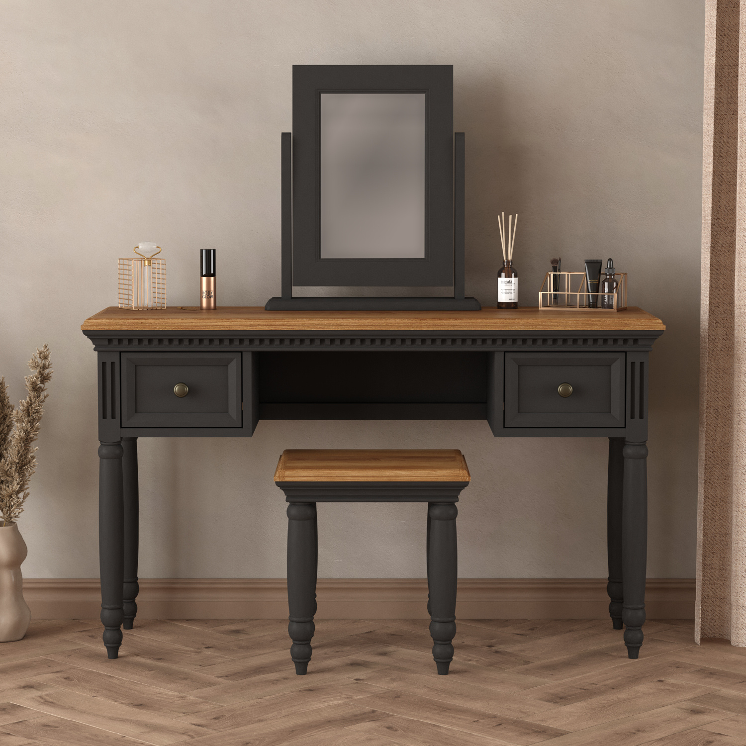 Francis Oak And Charcoal Grey Painted Dressing Table Set