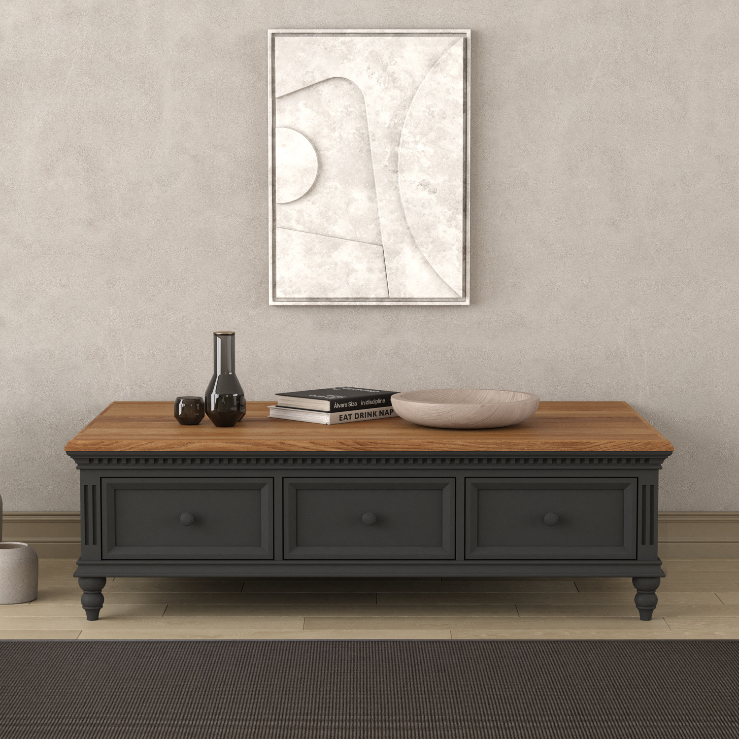 Francis Oak and Charcoal Grey Painted 6 Drawer Extra Large Coffee Table
