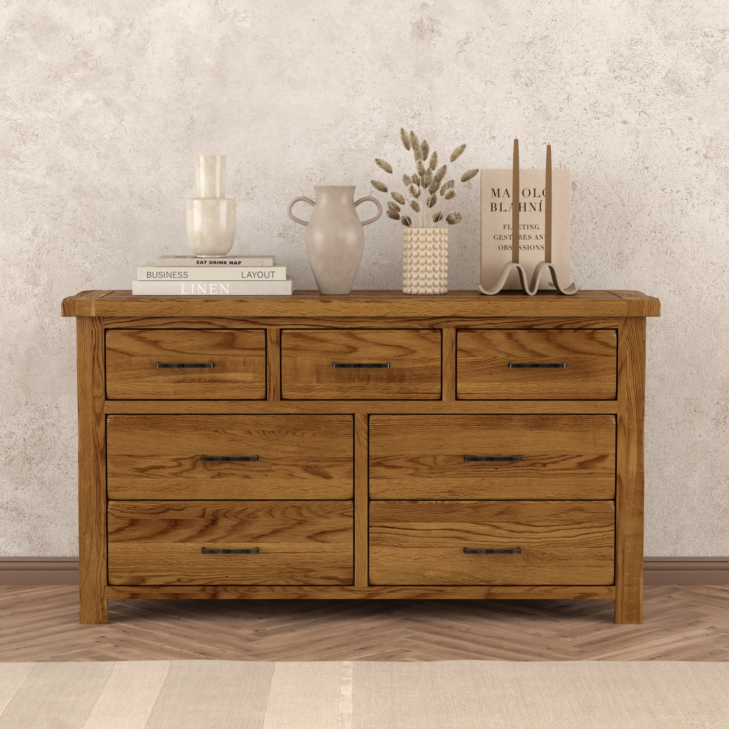Harrogate Rustic Solid Oak Wide Chest Of Drawers