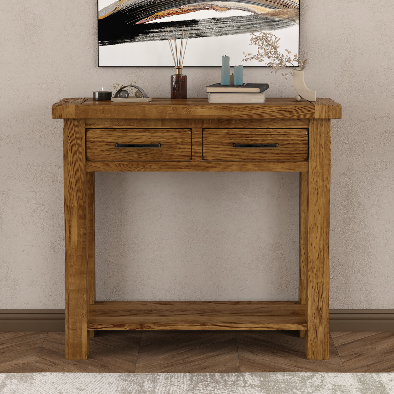 Harrogate Rustic Solid Oak 2 Drawer Console Table