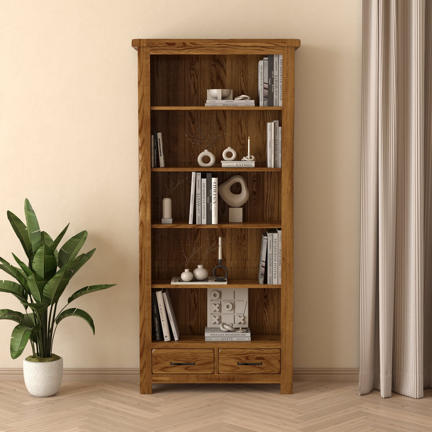 Harrogate Rustic Solid Oak Large Bookcase