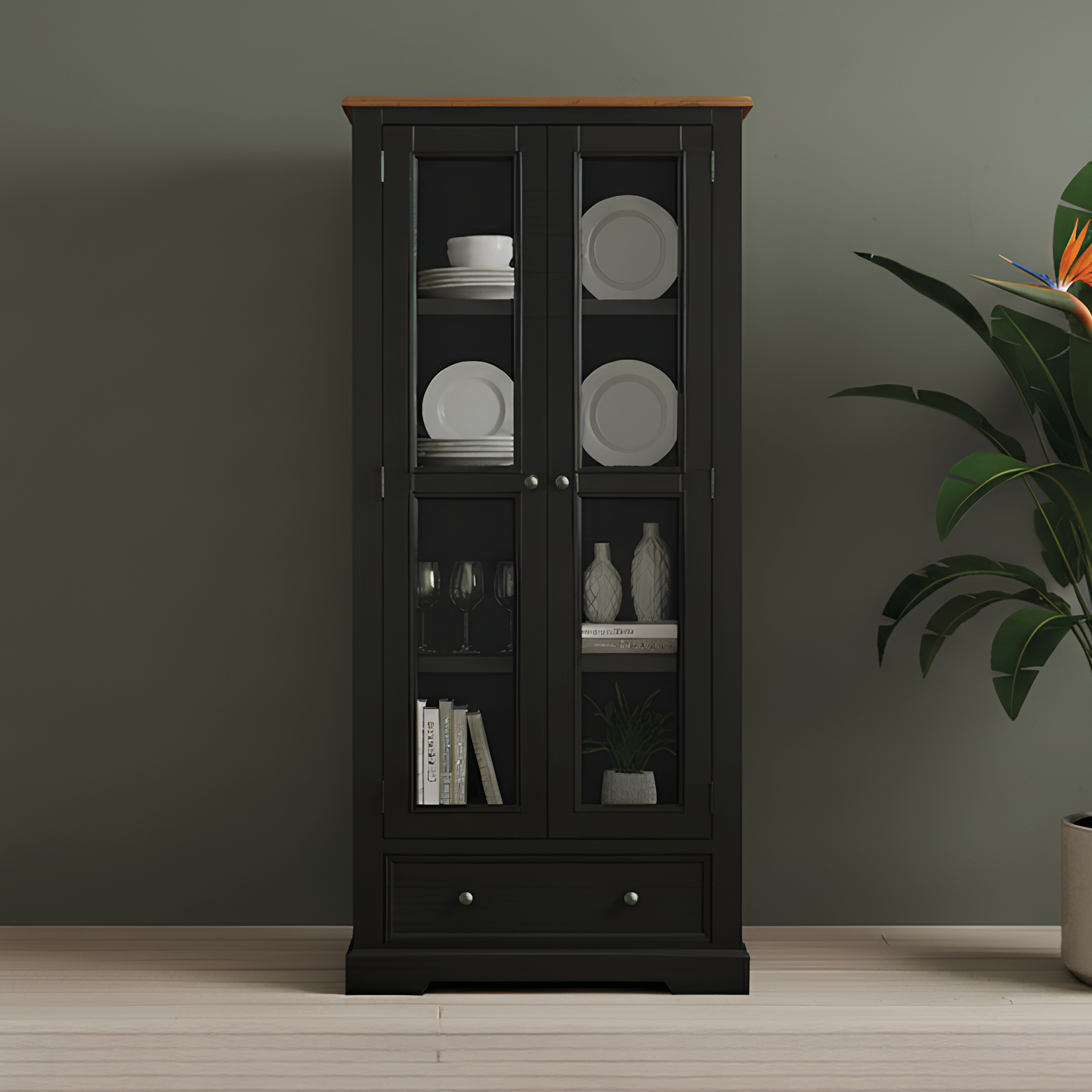 Charlton Oak And Black Painted Glazed Display Cabinet