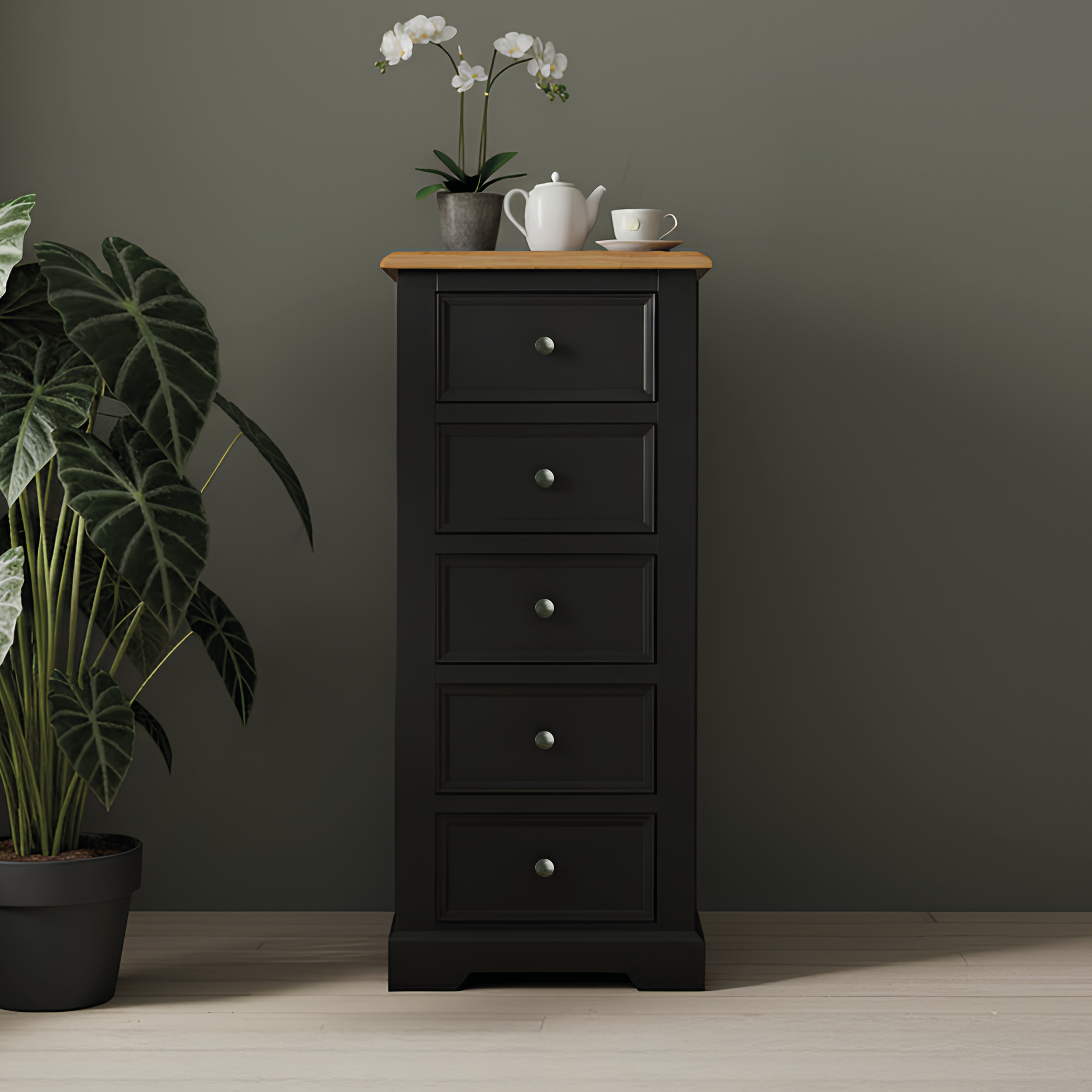 Charlton Oak And Black Painted 5 Drawer Tallboy