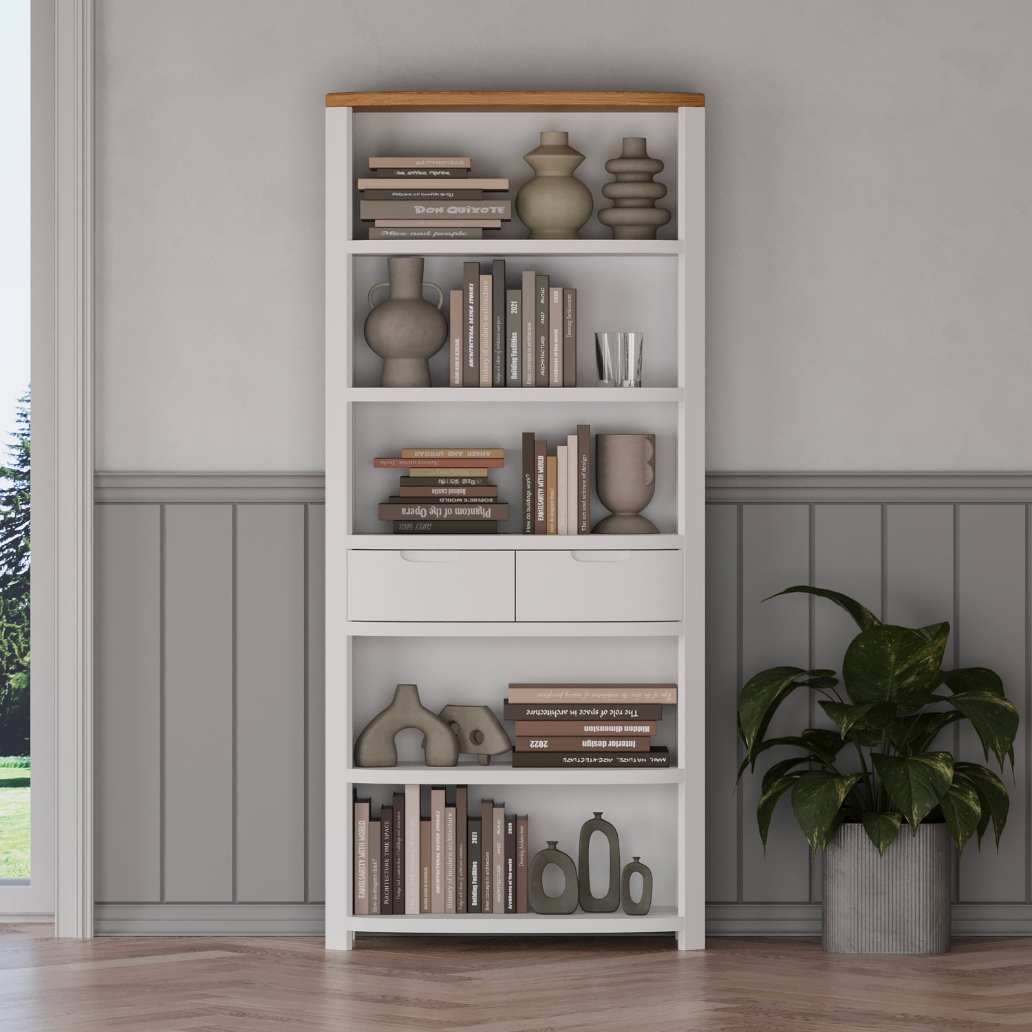 Bradwell Oak And Signal White Painted Tall Bookcase
