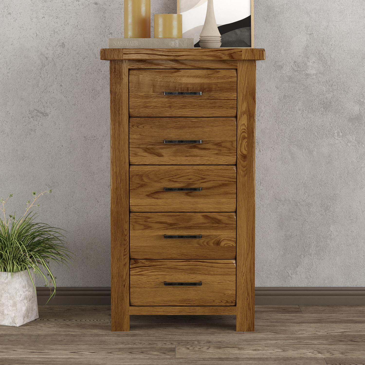 Harrogate Rustic Solid Oak 5 Drawer Tallboy