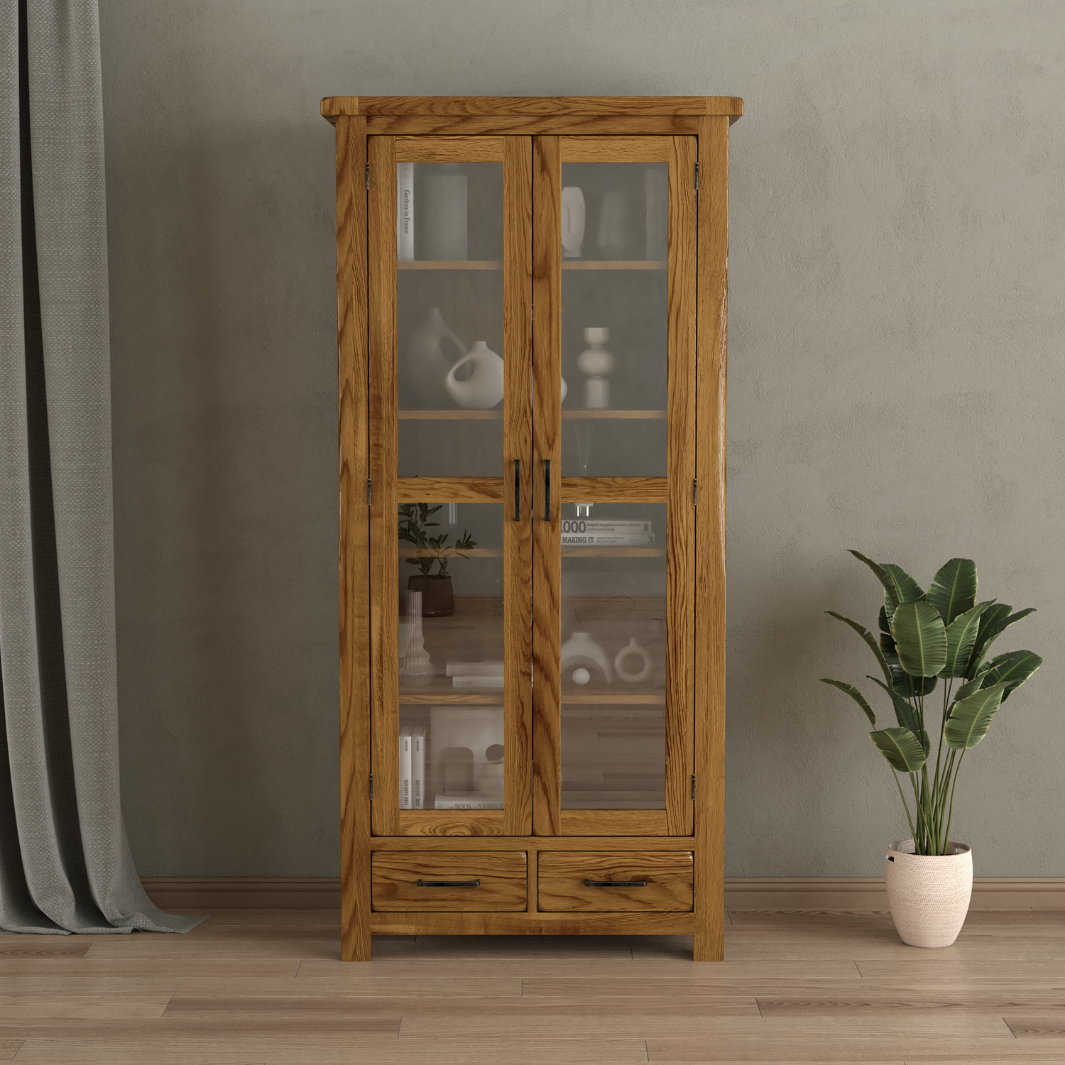 Harrogate Rustic Solid Oak Glazed Display Cabinet