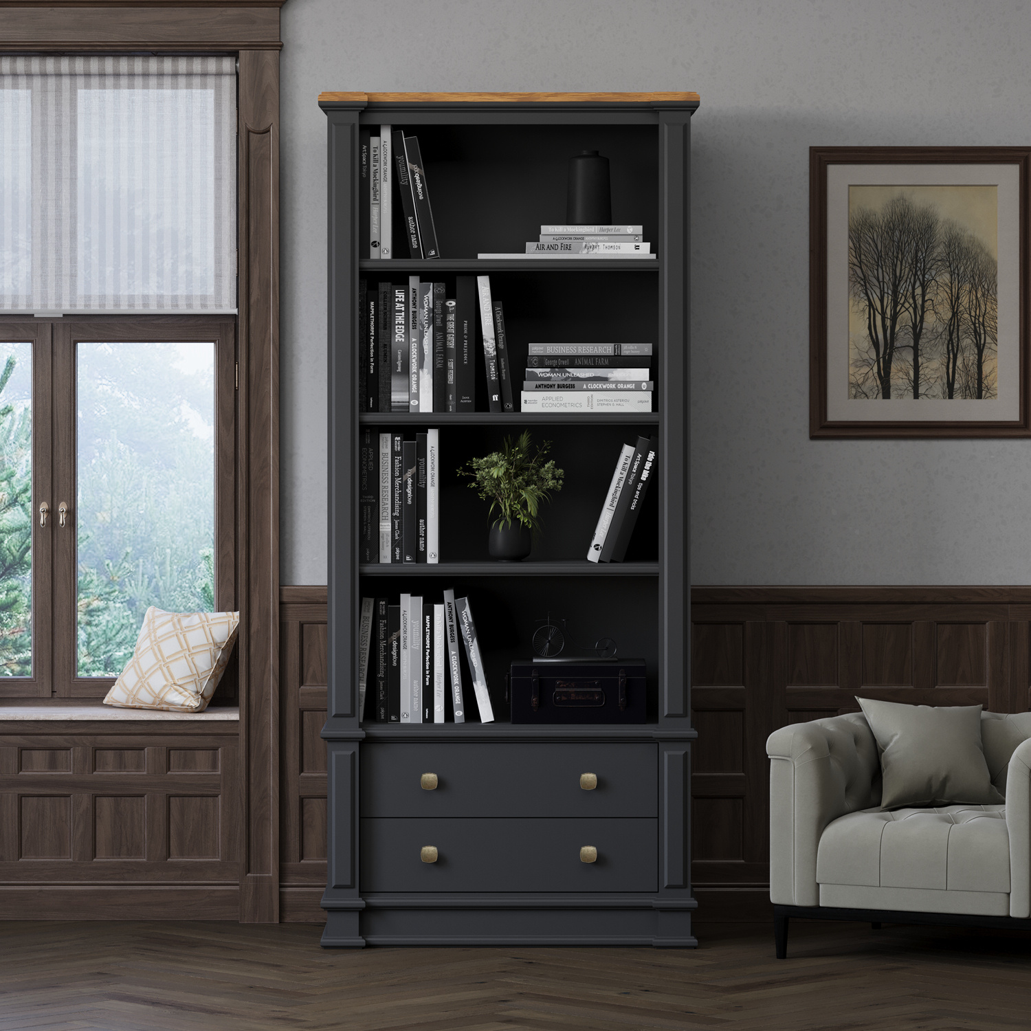 Lawson Oak and Charcoal Grey Painted Tall Bookcase