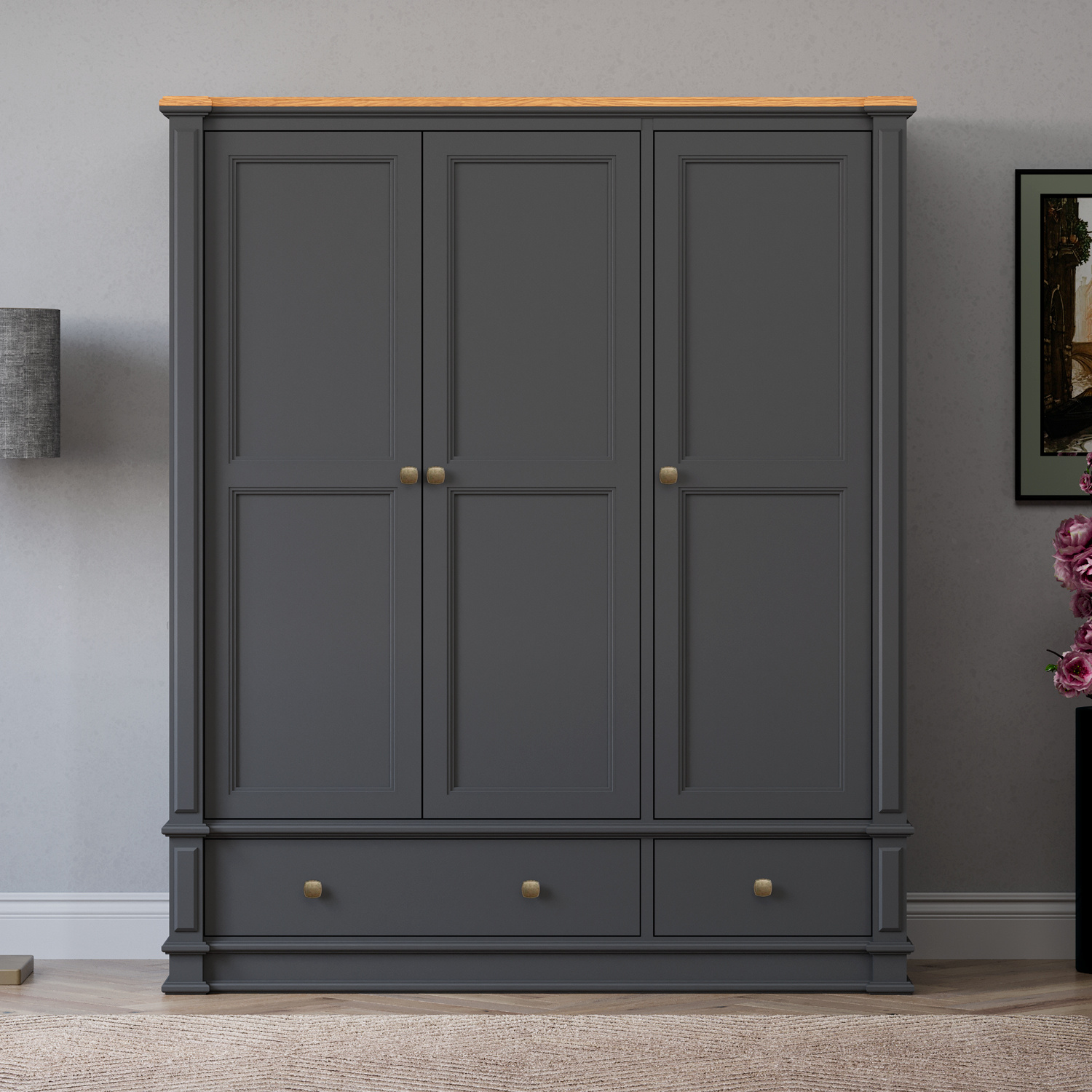 Lawson Oak and Charcoal Grey Painted Triple Wardrobe