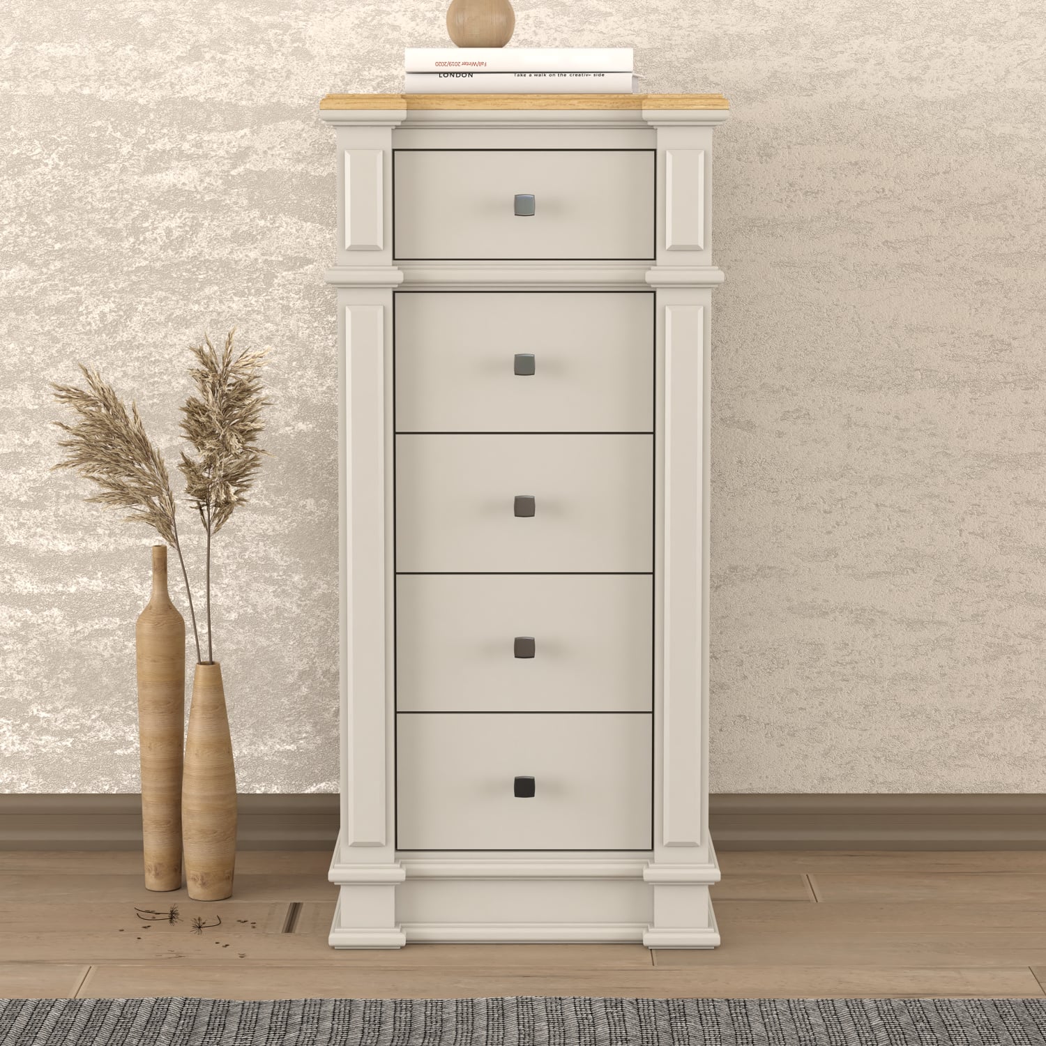 Lawson Oak And Soft White Painted 5 Drawer Tallboy
