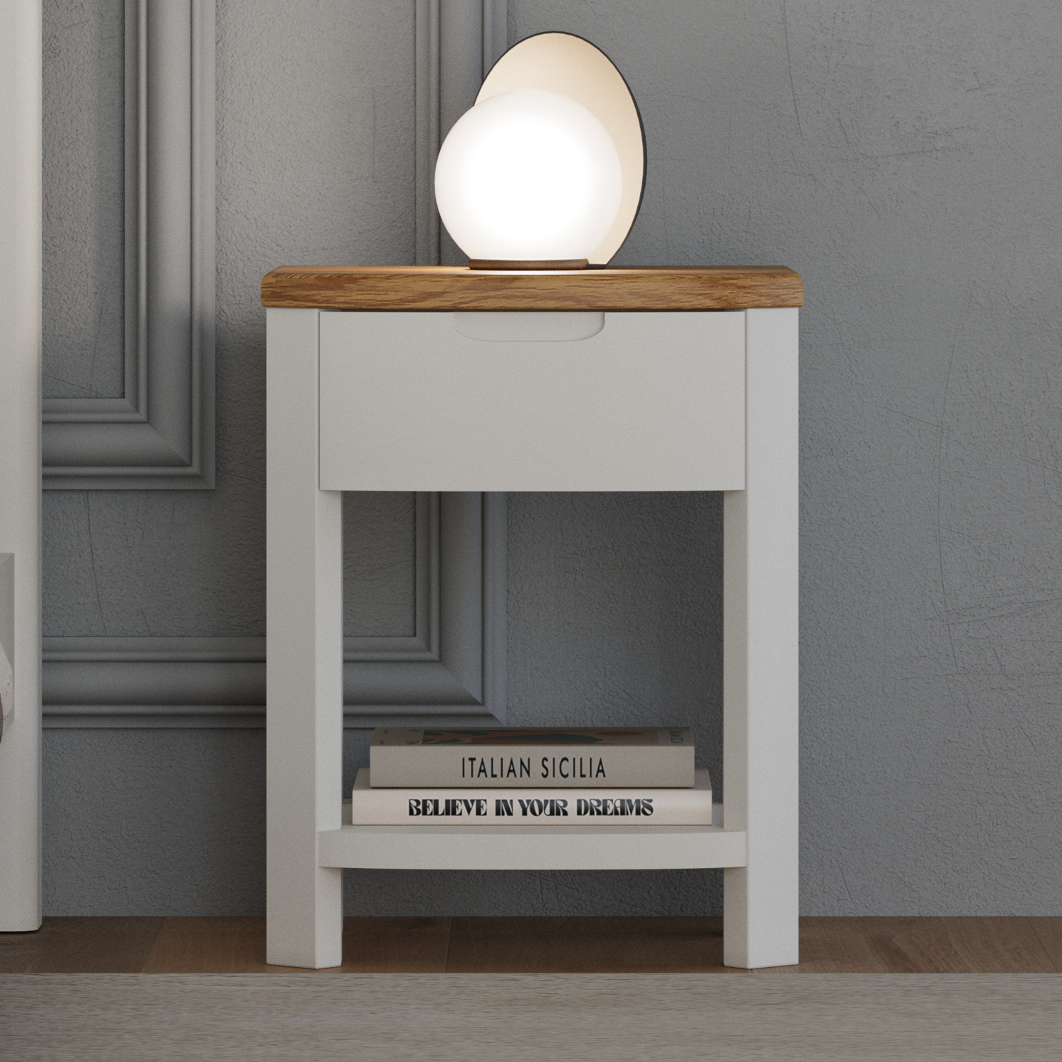 Bradwell Oak and Signal White Painted 1 Drawer Bedside Chest