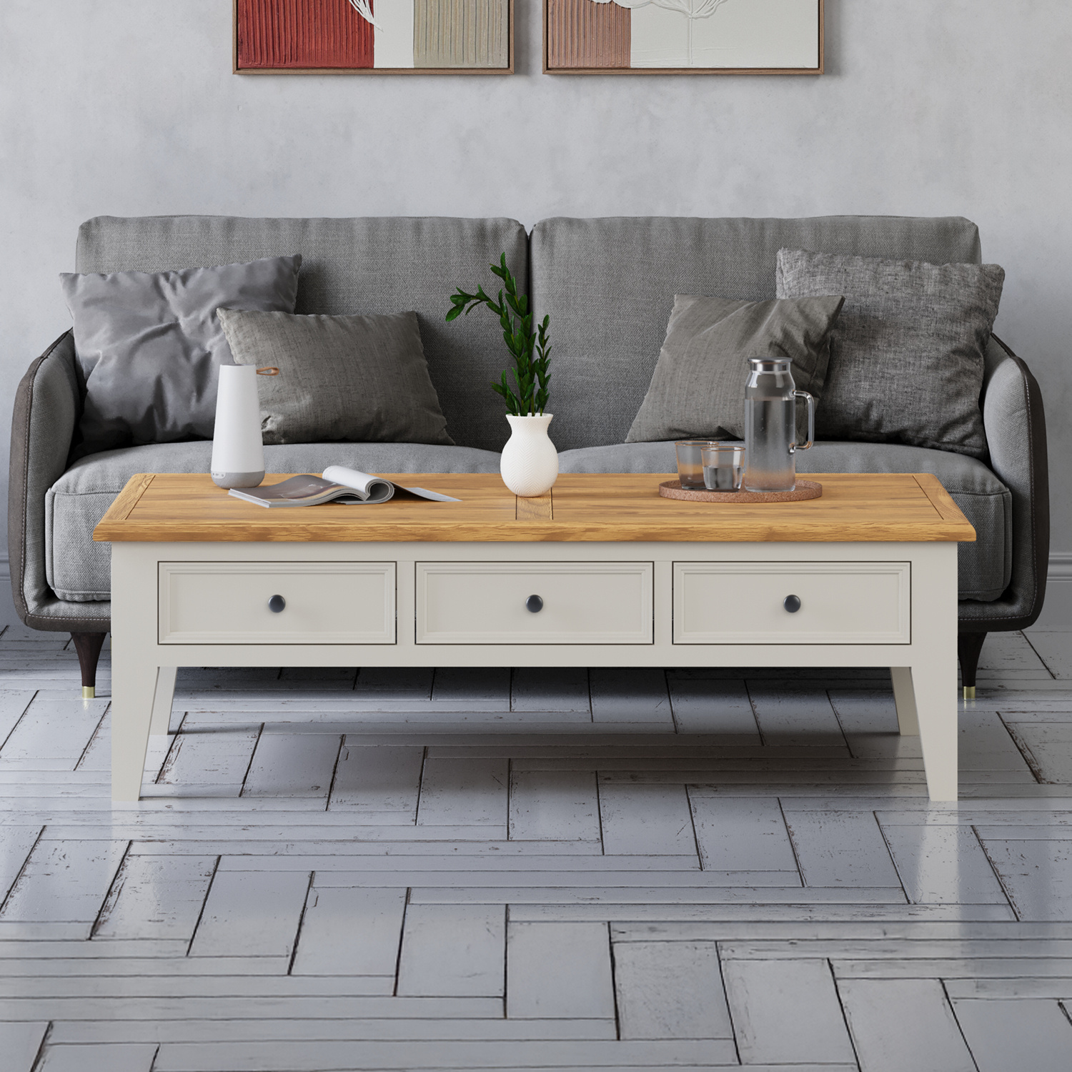 Weymouth Oak and Soft White Painted Extra Large 6 Drawer Coffee Table