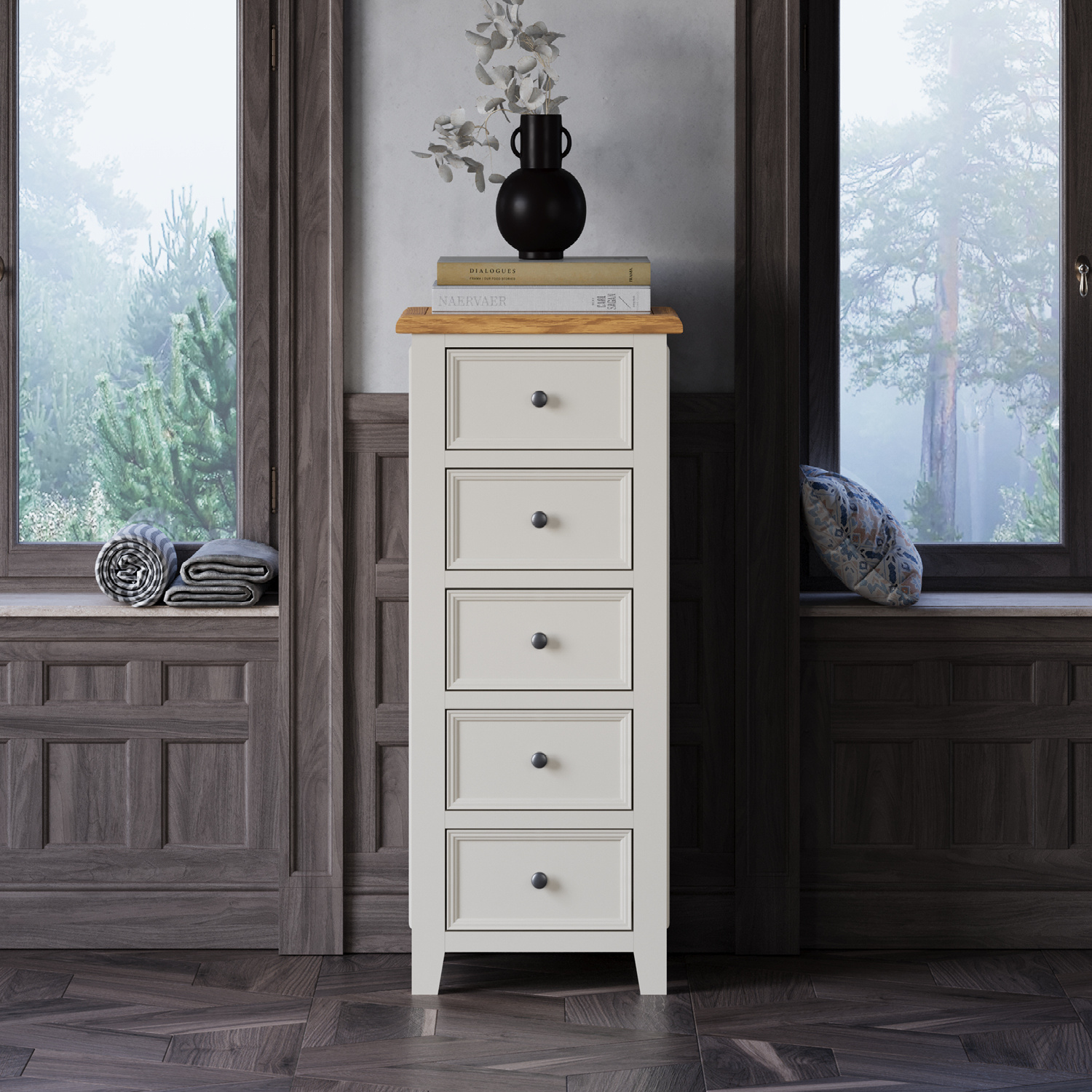 Weymouth Oak And Soft White Painted 5 Drawer Tallboy