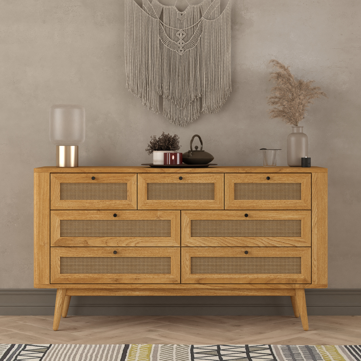 Oak Rattan Wide Chest Of Drawers