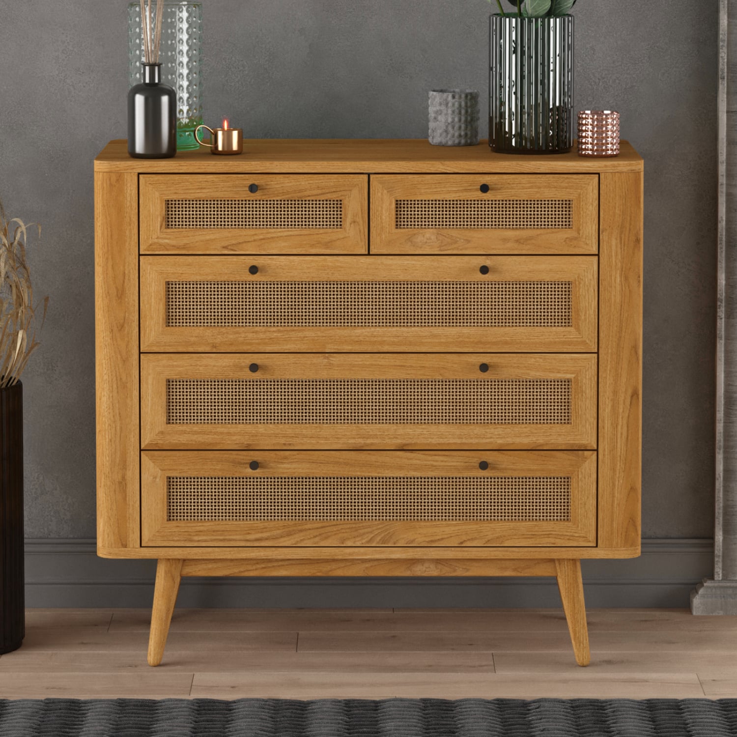 Oak Rattan 2 Over 3 Chest Of Drawers
