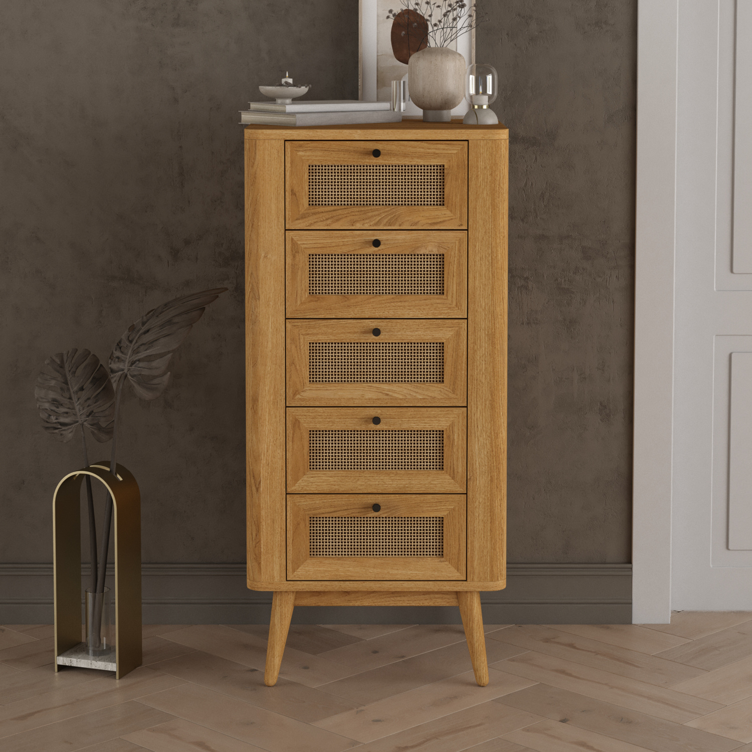 Oak Rattan 5 Drawer Tallboy Chest