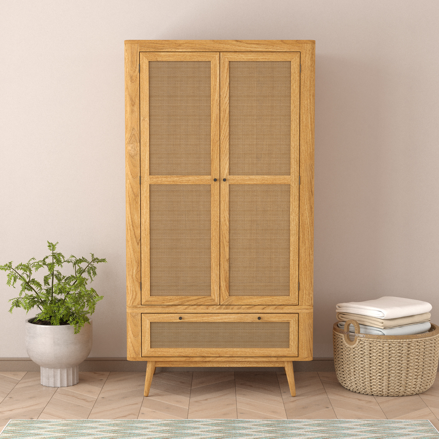 Oak Rattan Double Wardrobe