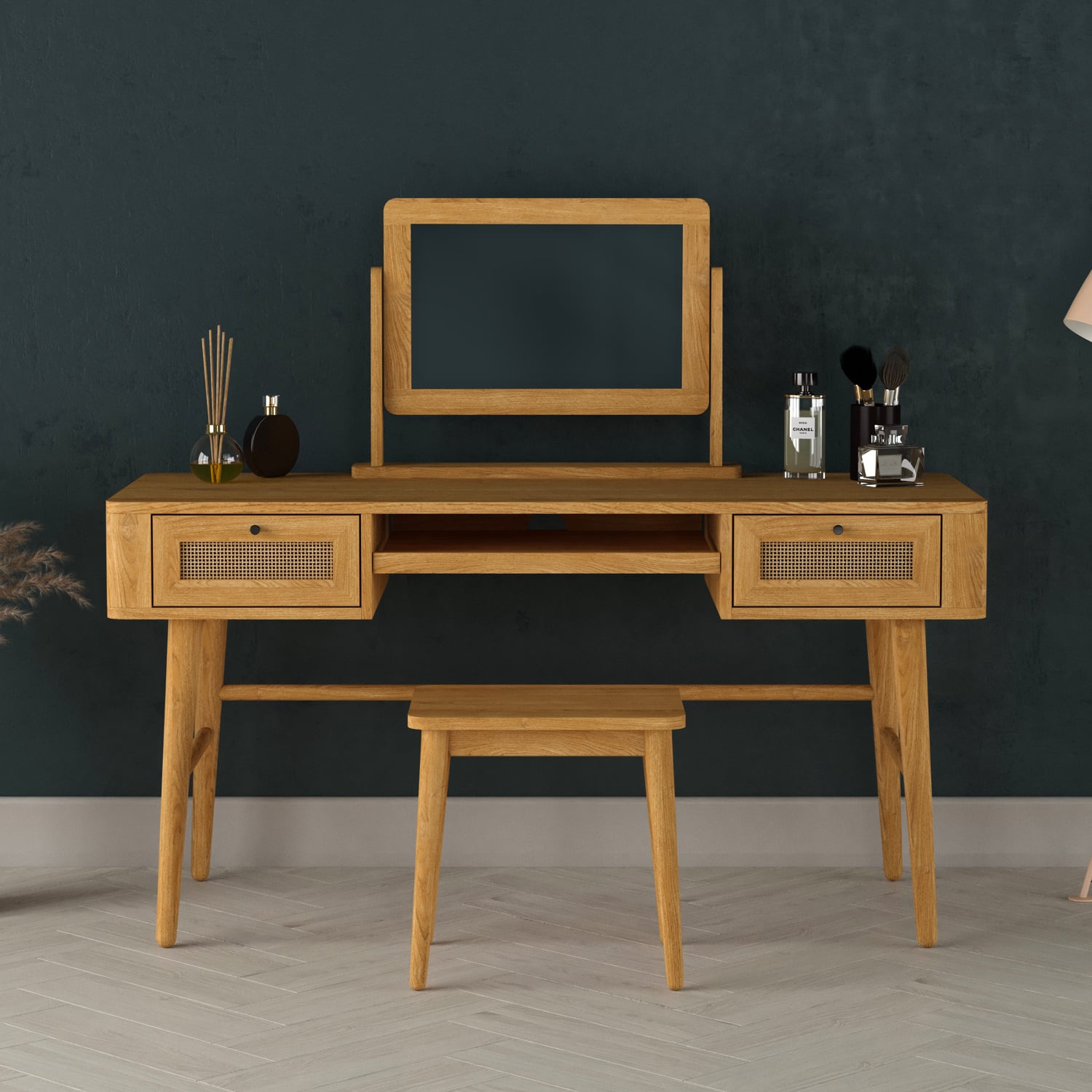 Oak Rattan Dressing Table Set