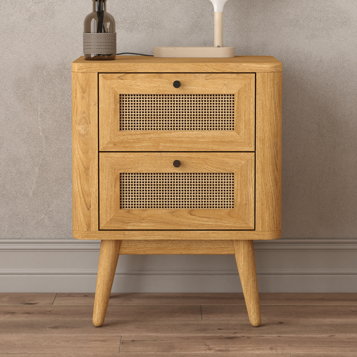 Oak Rattan 2 Drawer Bedside Chest