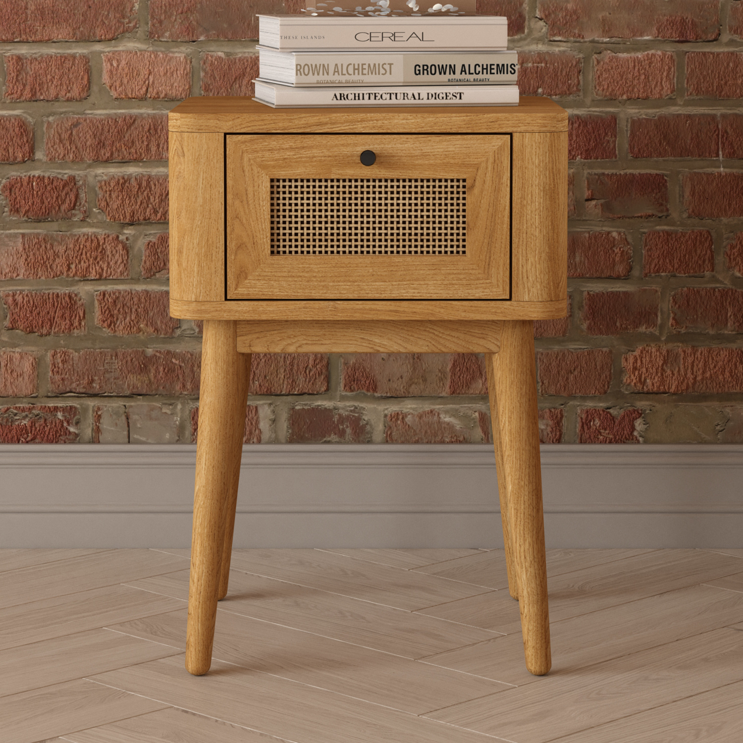 Oak Rattan Bedside Table
