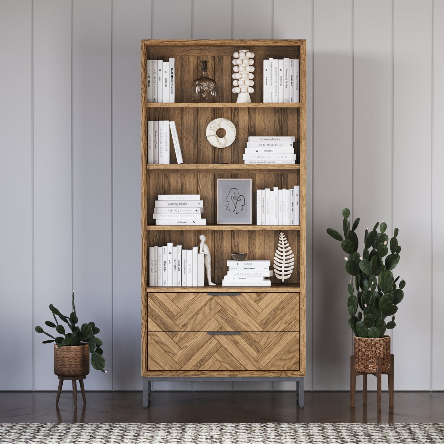 Herringbone Solid Oak Tall Bookcase