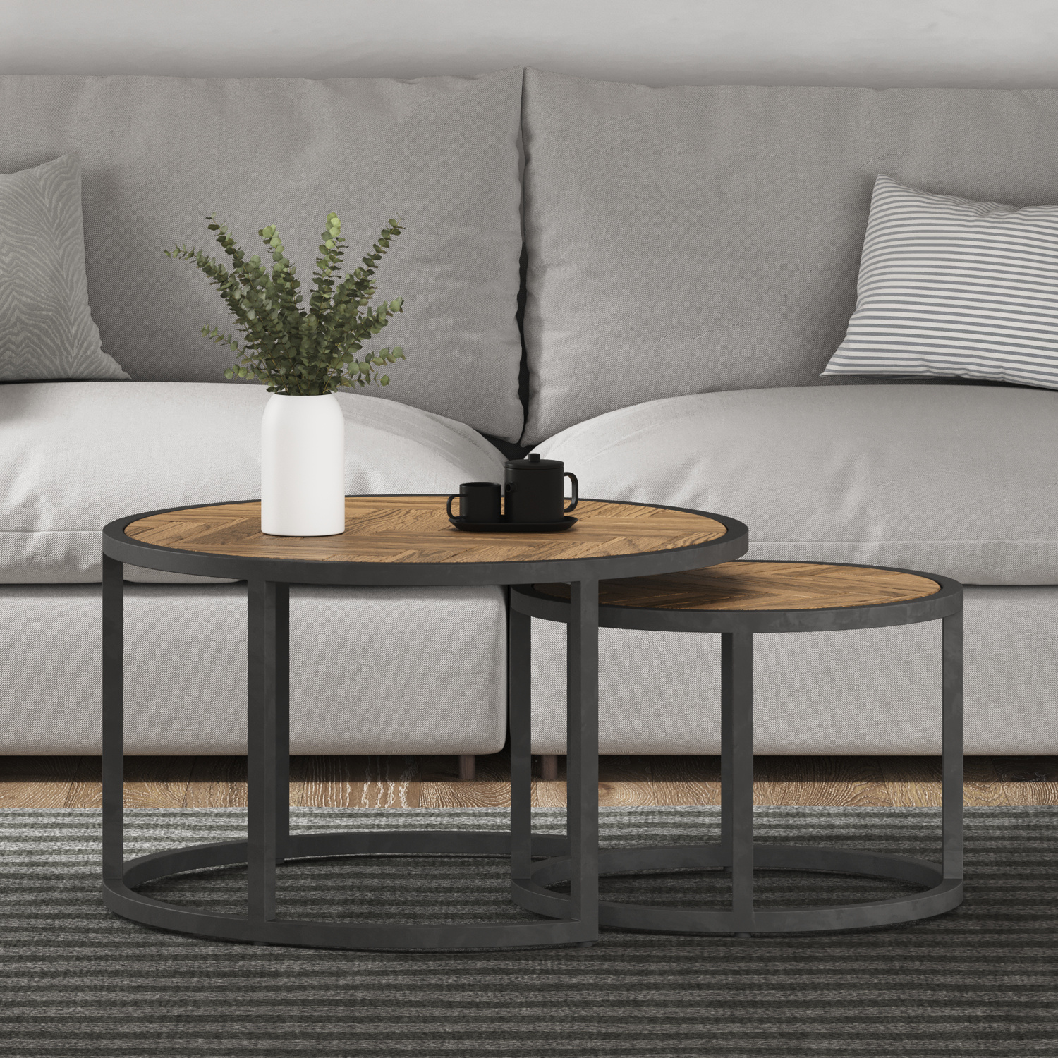 Herringbone Solid Oak Round Nest of Tables