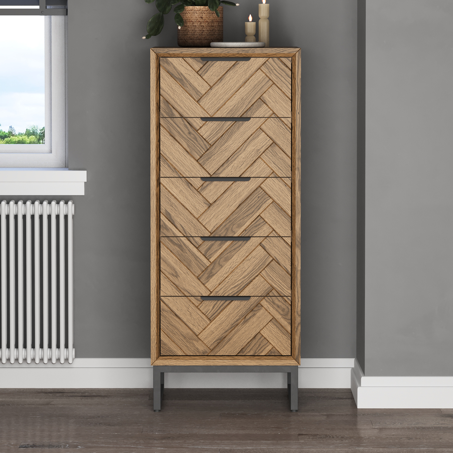 Herringbone Solid Oak 5 Drawer Tallboy Chest